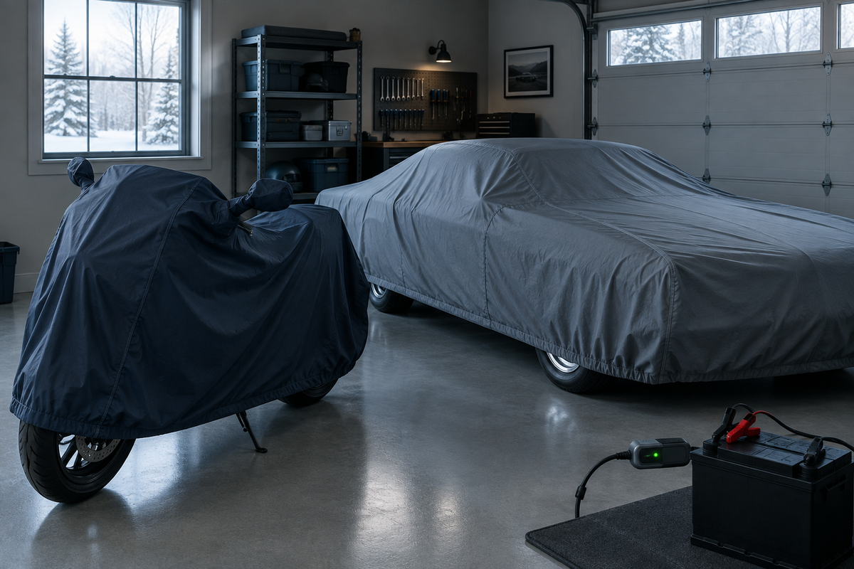 Battery maintainer connected to a stored motorcycle in a winter garage