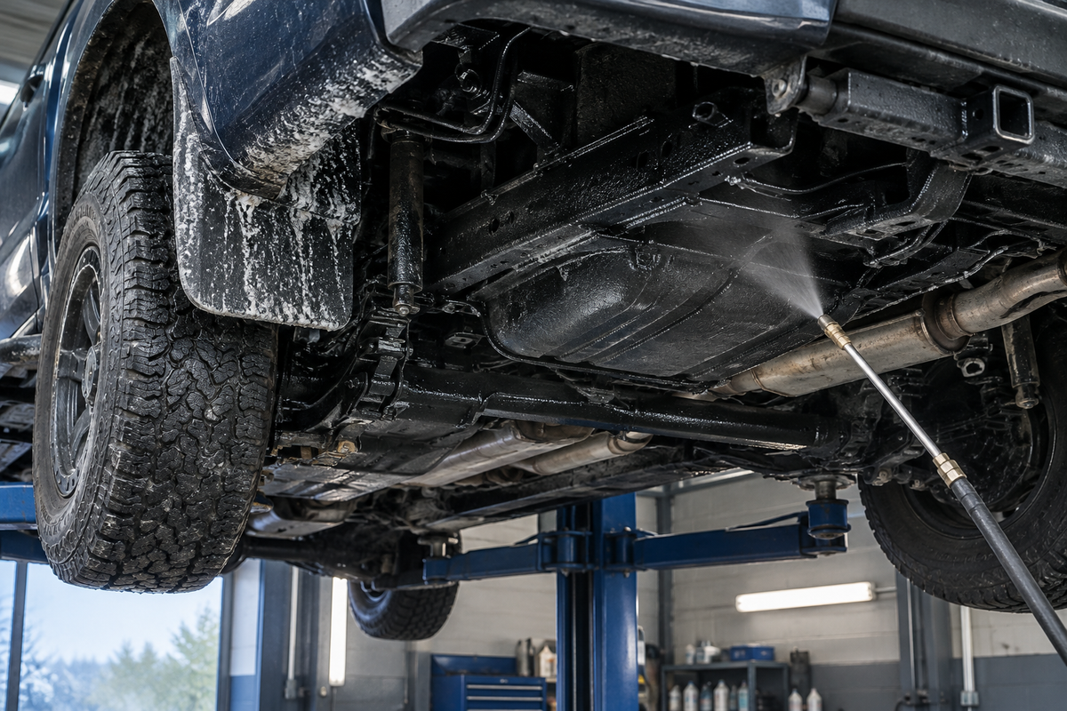 Truck underbody being sprayed with rust-proofing coating in a workshop