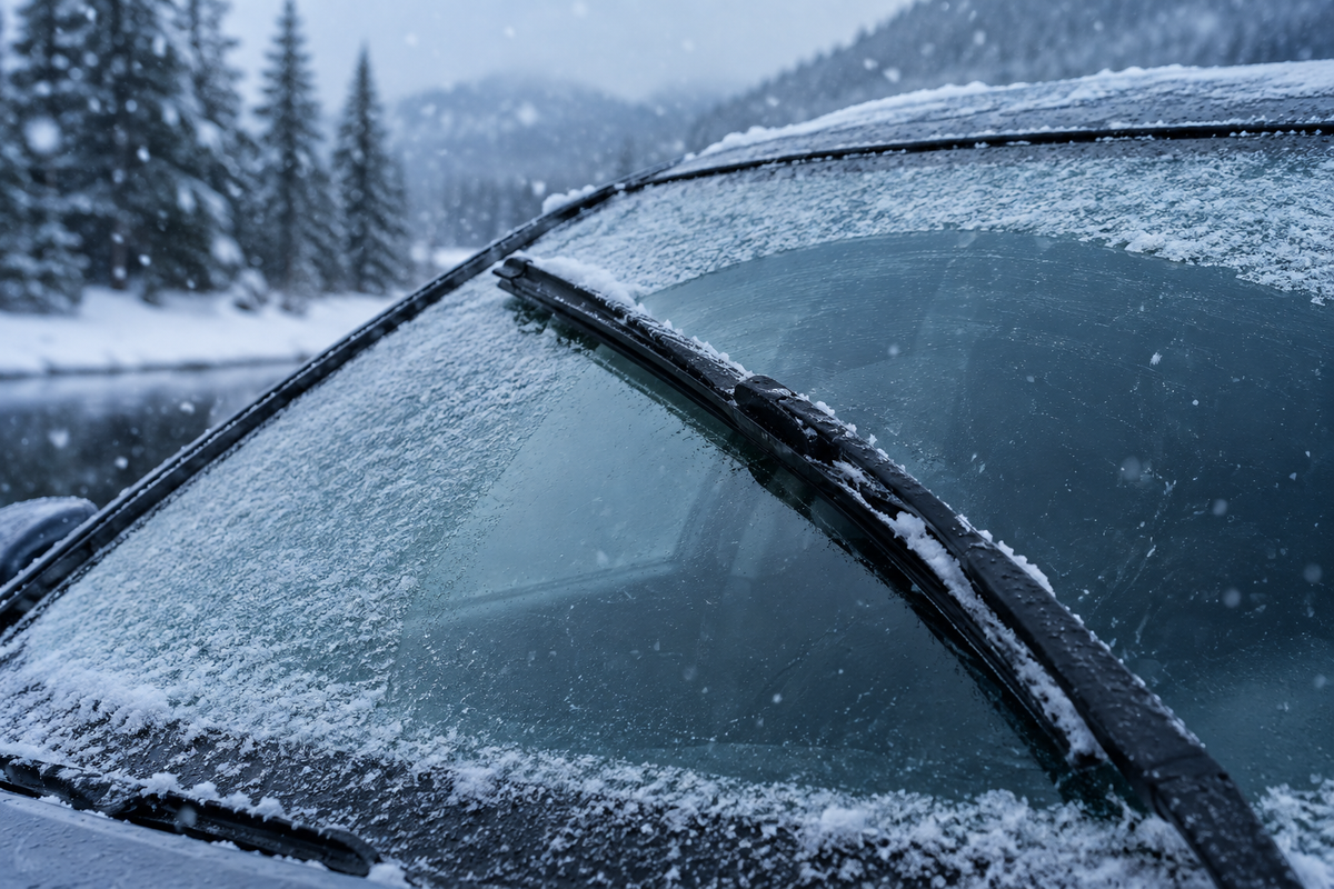 Beam wiper blade clearing frost from a windshield in falling snow