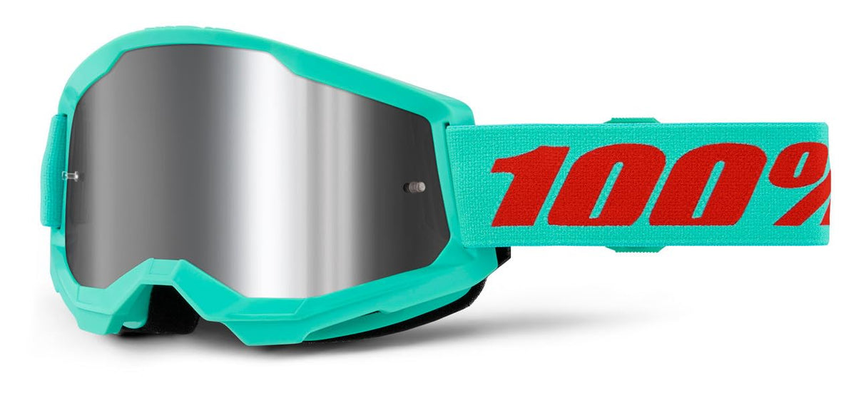 100% Strata 2 goggle front view showing mirror silver lens and wide field benefit
