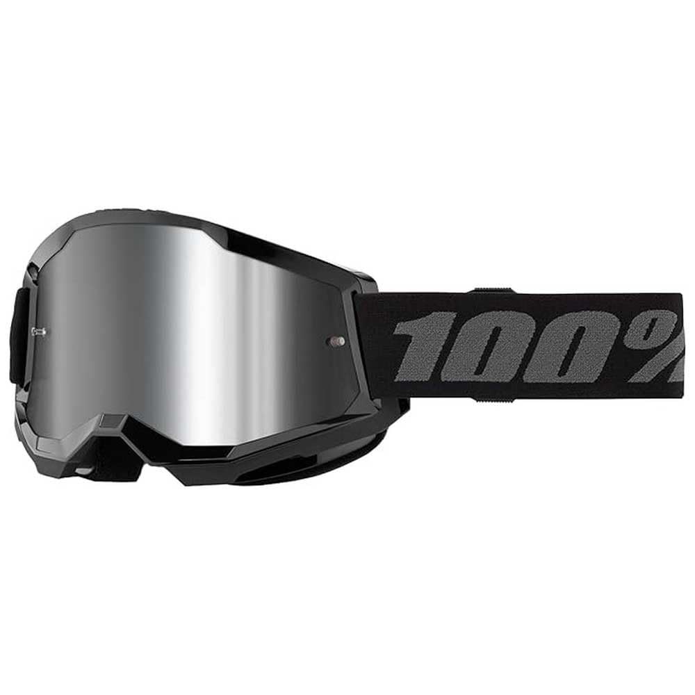 100% Strata 2 goggle front on helmet showing mirror lens reducing glare and improving sight