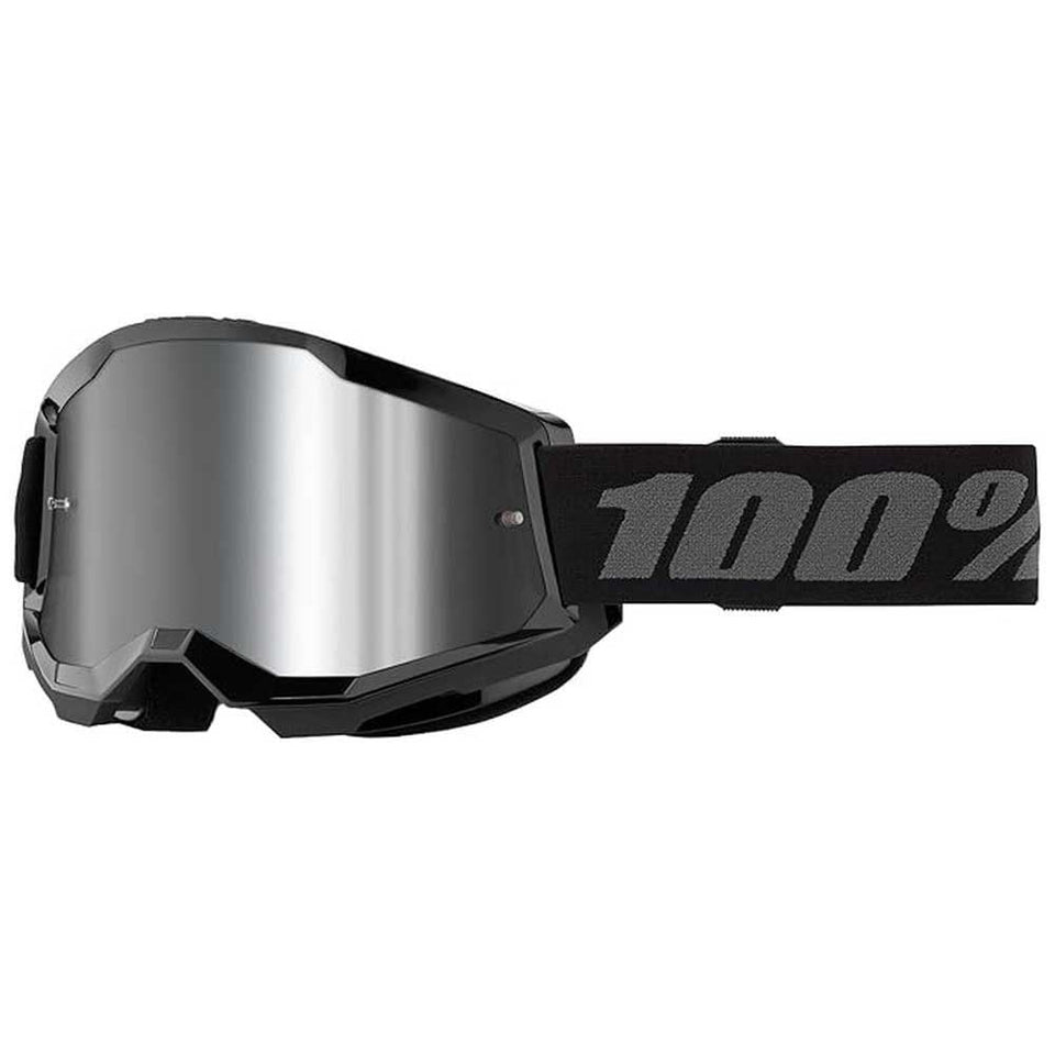 100% Strata 2 goggle front on helmet showing mirror lens reducing glare and improving sight