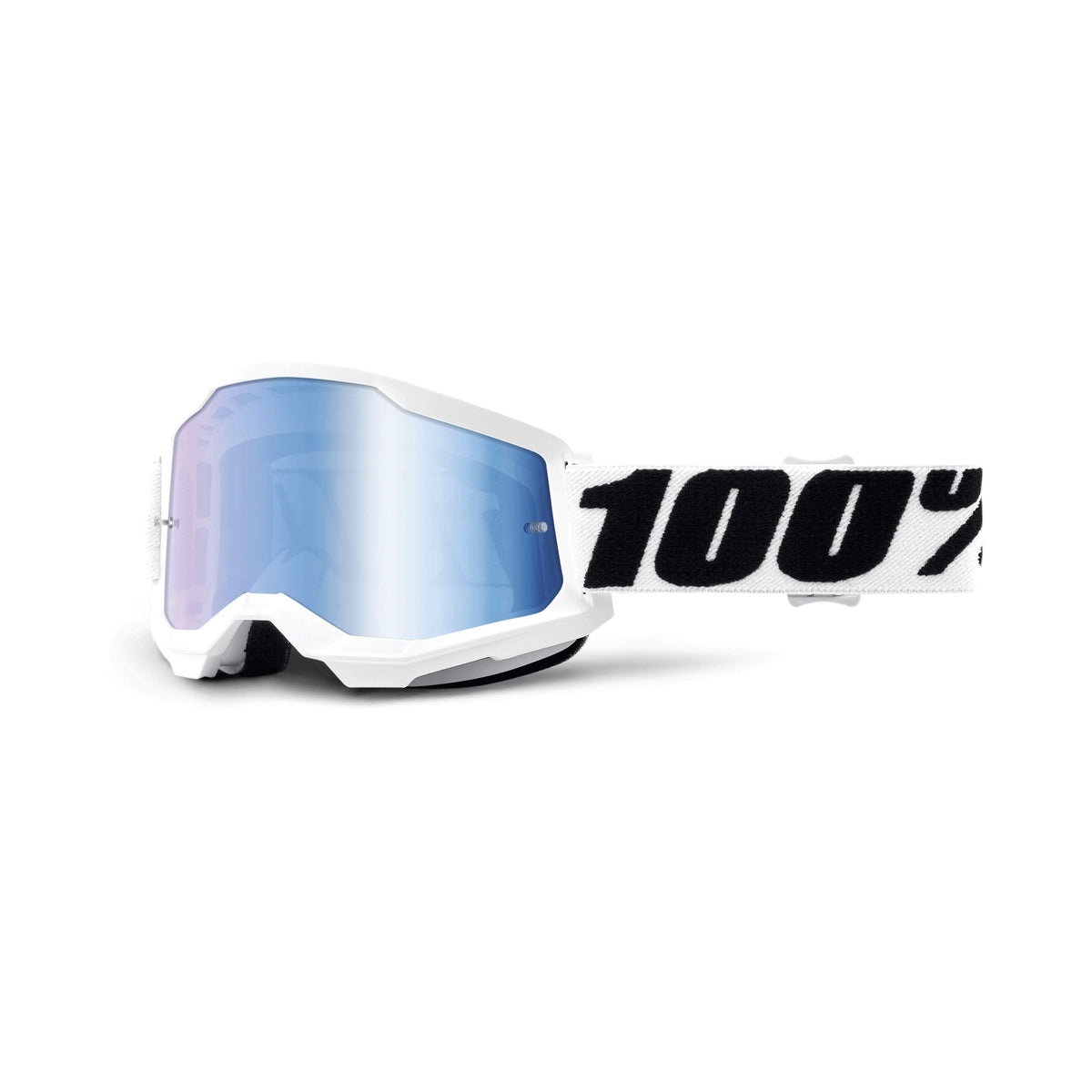100% Strata 2 front view showing mirror blue lens and secure fit benefit