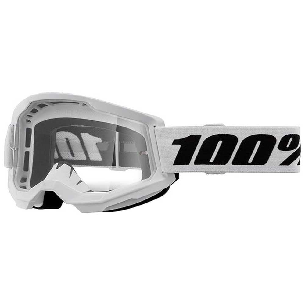 100% Strata 2 white goggle front view showing clear lens and wide field of vision