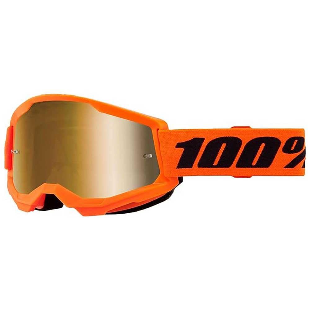 100% Strata 2 goggle front view showing neon orange frame and mirror true gold lens for glare reduction