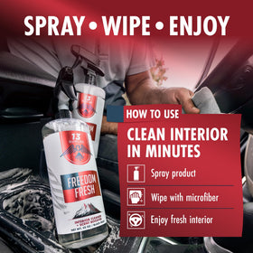 13 Supplies bottle placed in a clean car interior to show fresh scent and inviting cabin