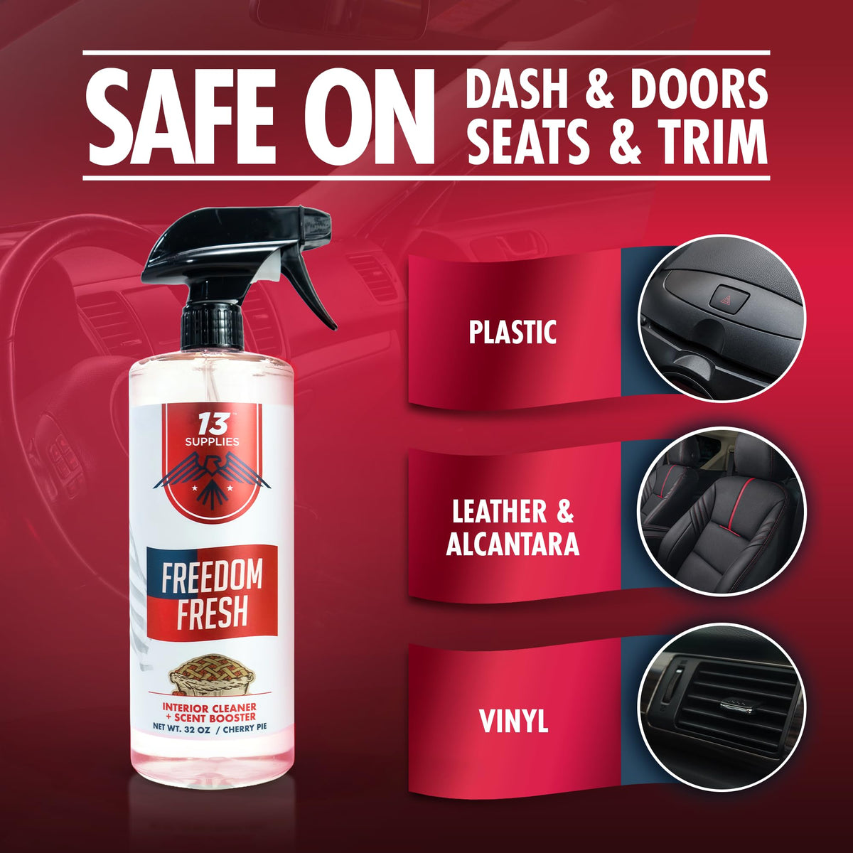 13 Supplies spray action on dashboard removing dust and leaving fresh scent