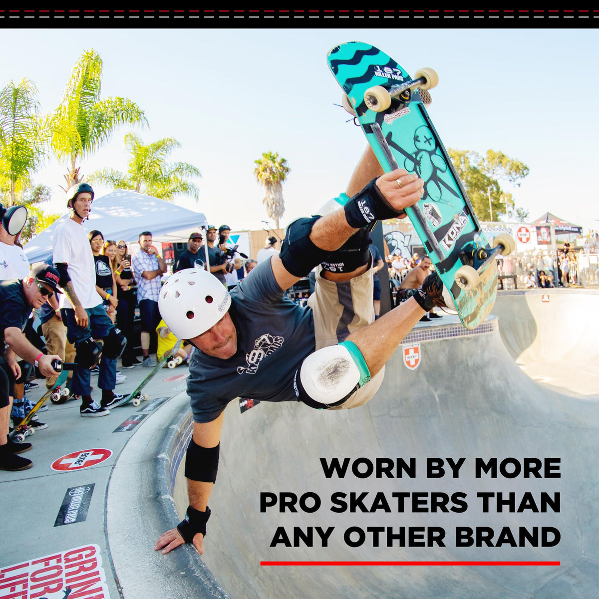 187 Killer Pads wrist guard worn during skate trick, improved impact control