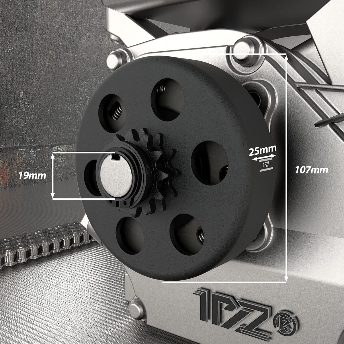 1PZ close-up of 12-tooth sprocket teeth highlighting precise machining for smooth chain fit