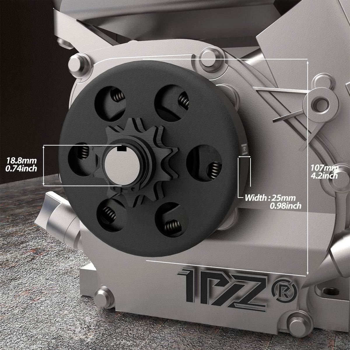 1PZ clutch close-up of 10-tooth sprocket for precise chain engagement