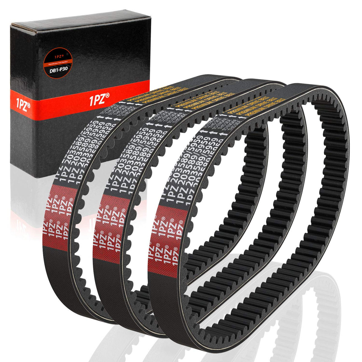 1PZ front packaging showing three replacement belts for confident repairs