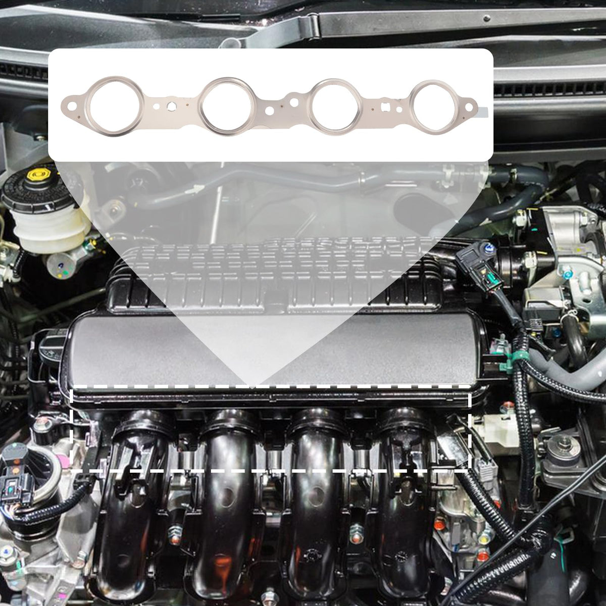 2 MULE TEAM gasket seated on exhaust manifold illustrating correct fit and leak prevention