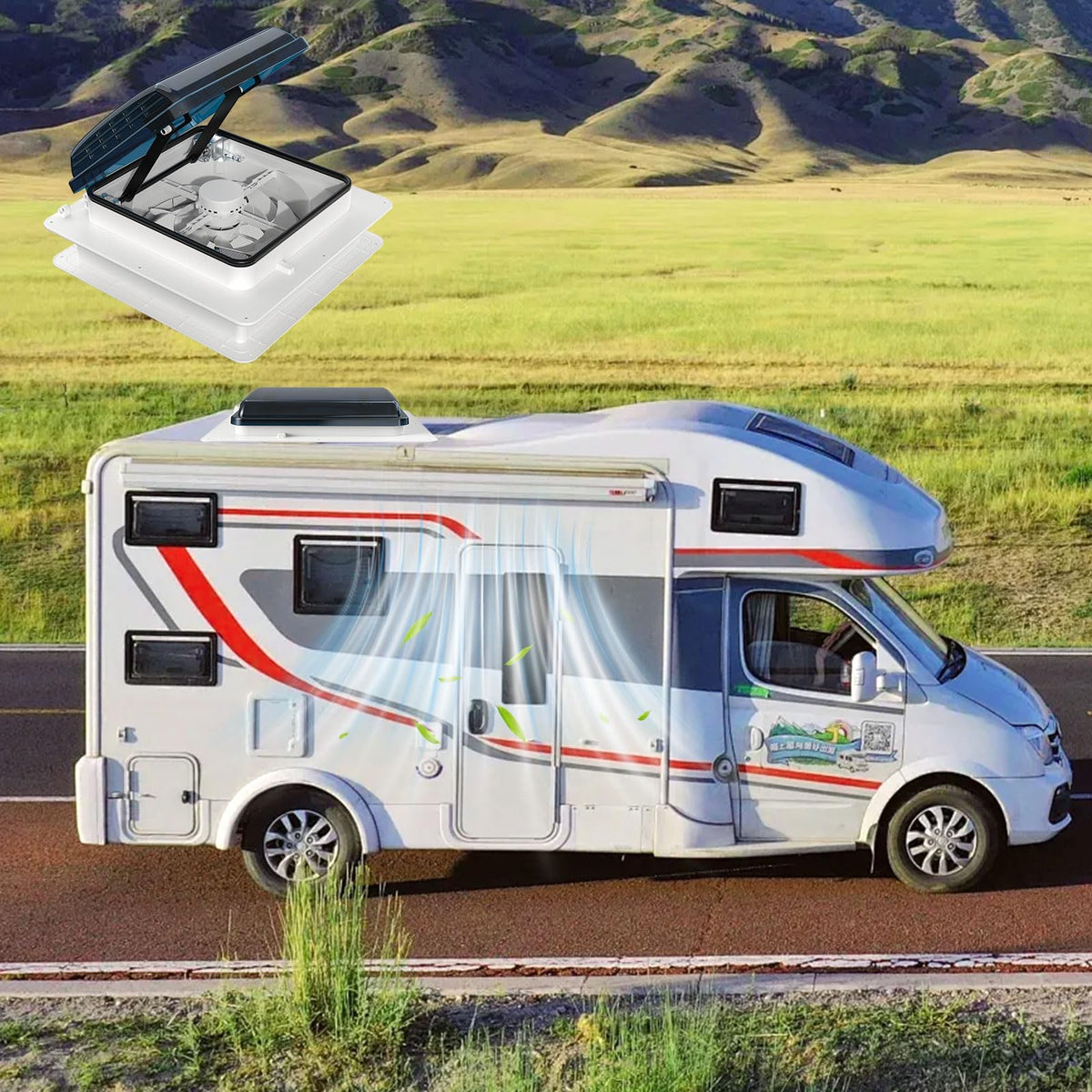 2012 brand lifestyle rooftop view on RV illustrating quiet ventilation while camping