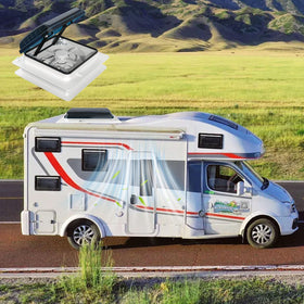 2012 brand lifestyle rooftop view on RV illustrating quiet ventilation while camping