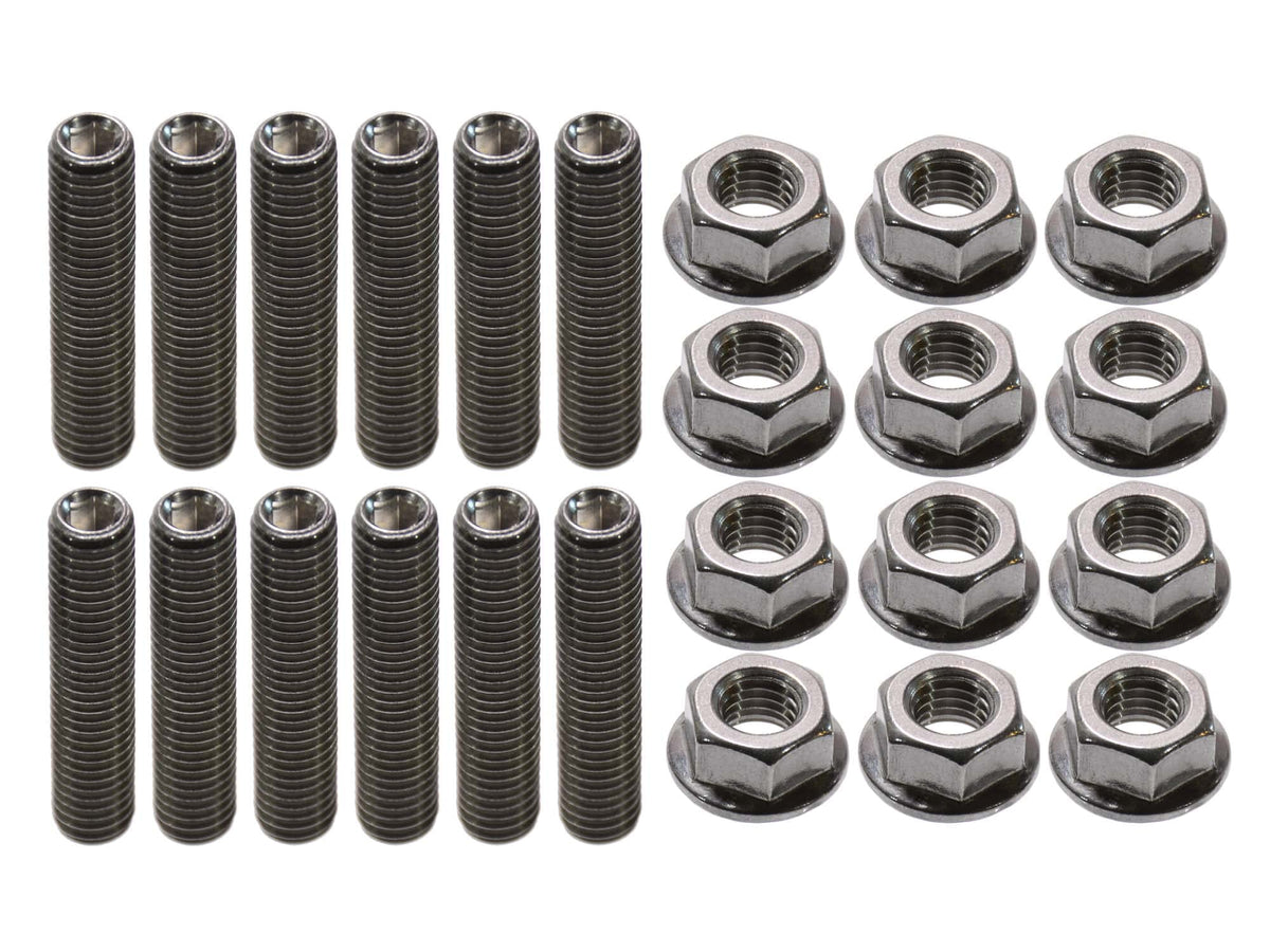 269 Motorsports front view of stud kit showing polished M8 studs and nuts for durable header installs