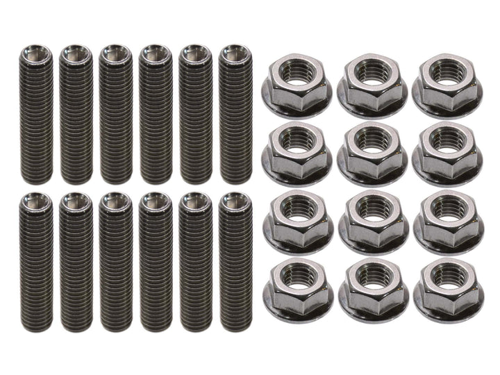 269 Motorsports front view of stud kit showing polished M8 studs and nuts for durable header installs