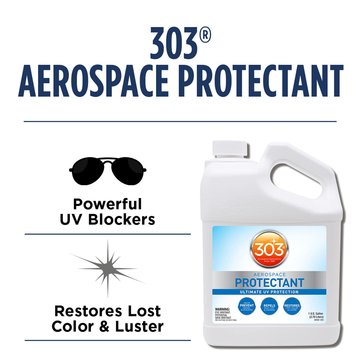 303 Products label close-up emphasizing instructions and UV protection benefit
