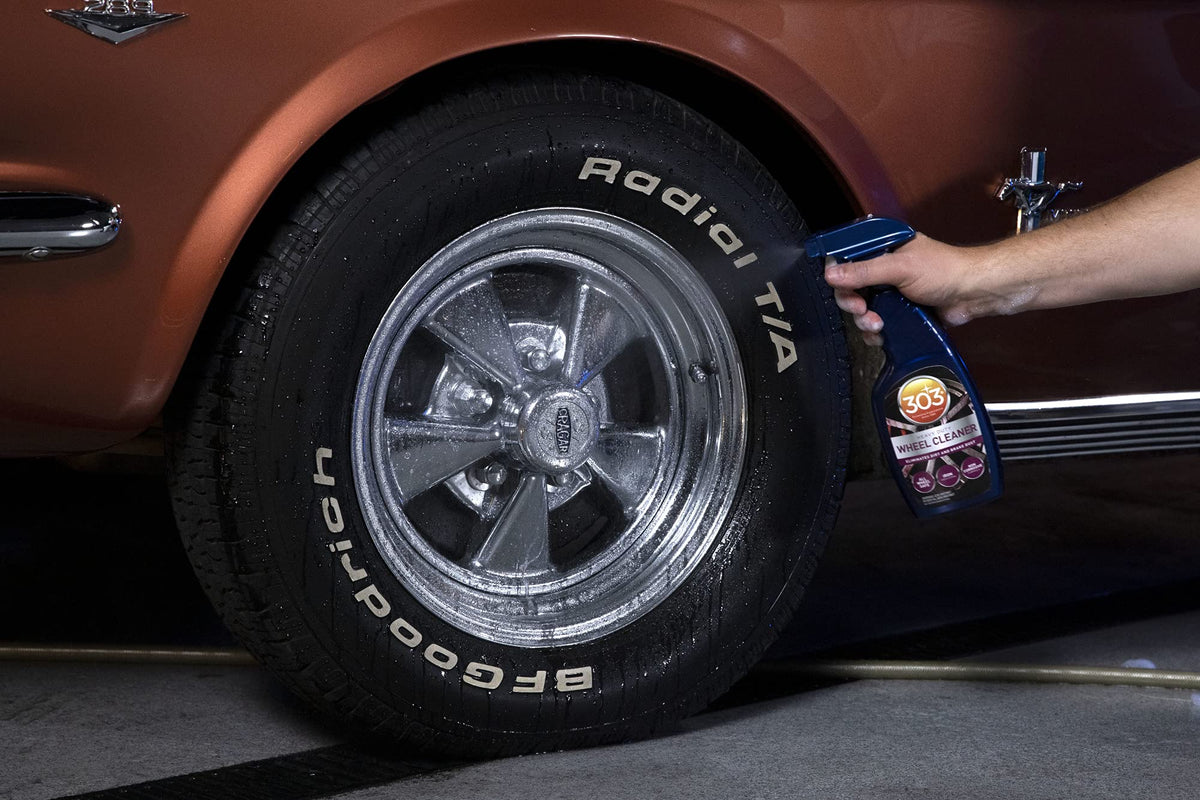303 Products used during detailing on a car wheel demonstrating efficient brake dust removal