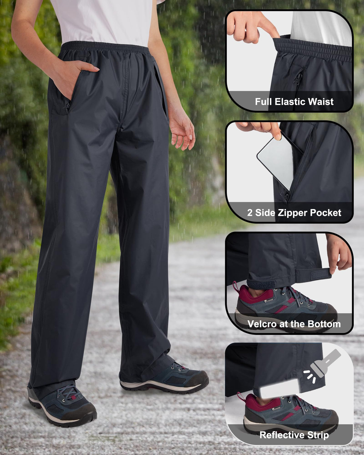 33,000ft rain pants folded into storage pouch for compact travel convenience