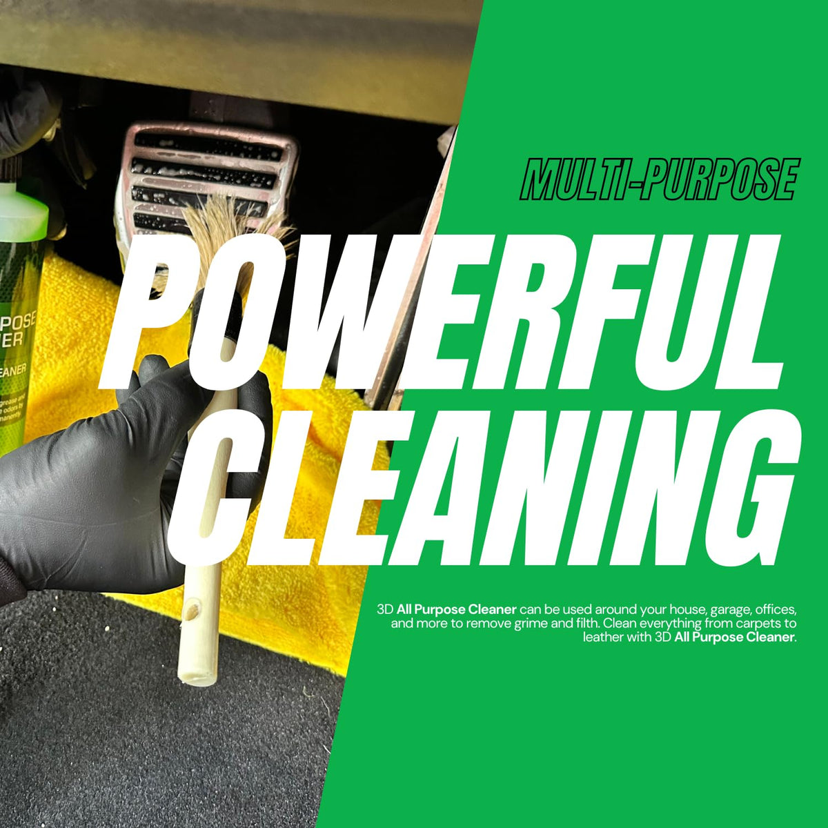3D all purpose cleaner applied to leather seat demonstrating safe cleaning benefit