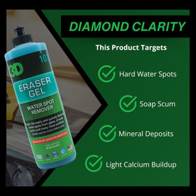 3D Eraser Gel applied to glass being wiped to remove mineral spots