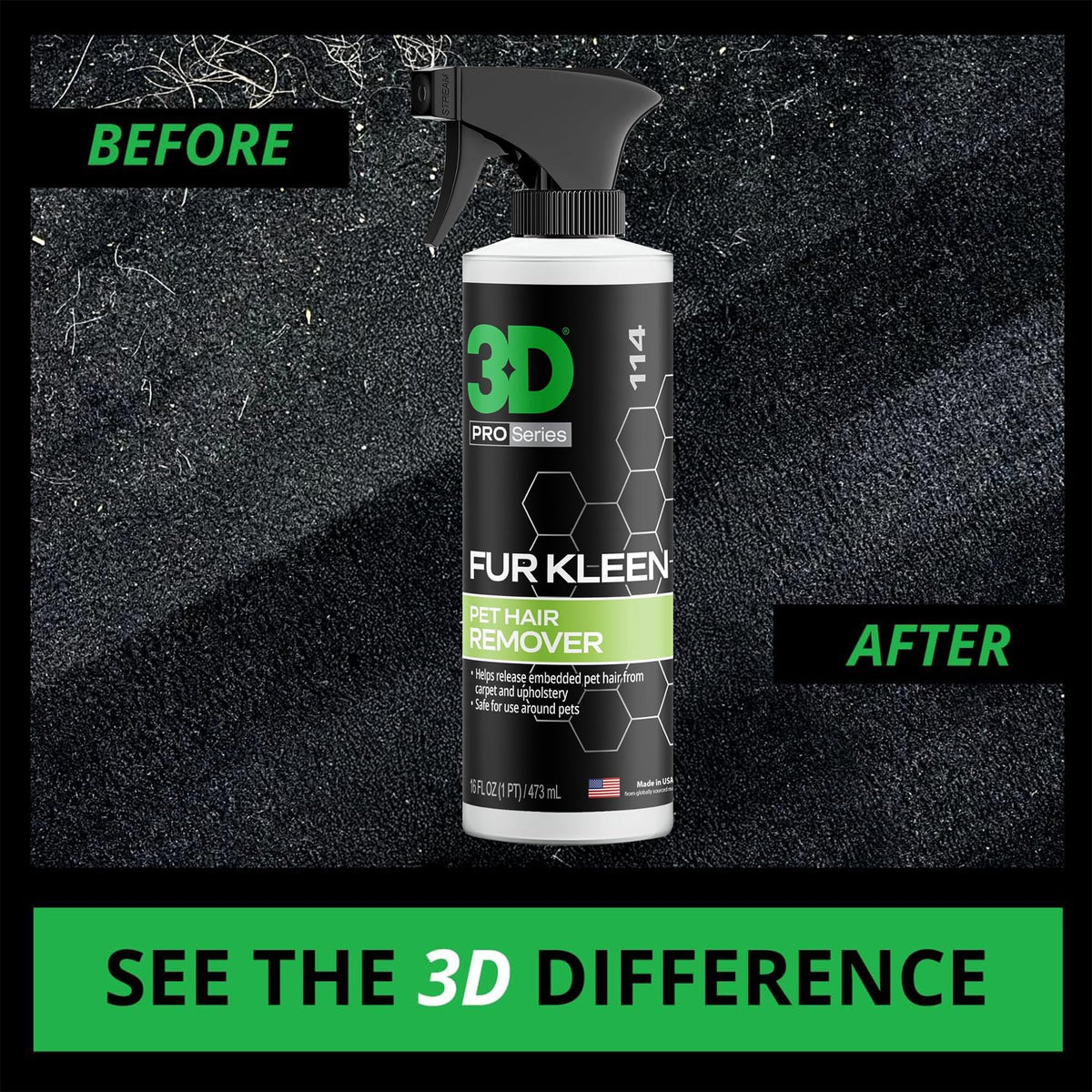 3D Fur Kleen spraying onto upholstery demonstrating quick action