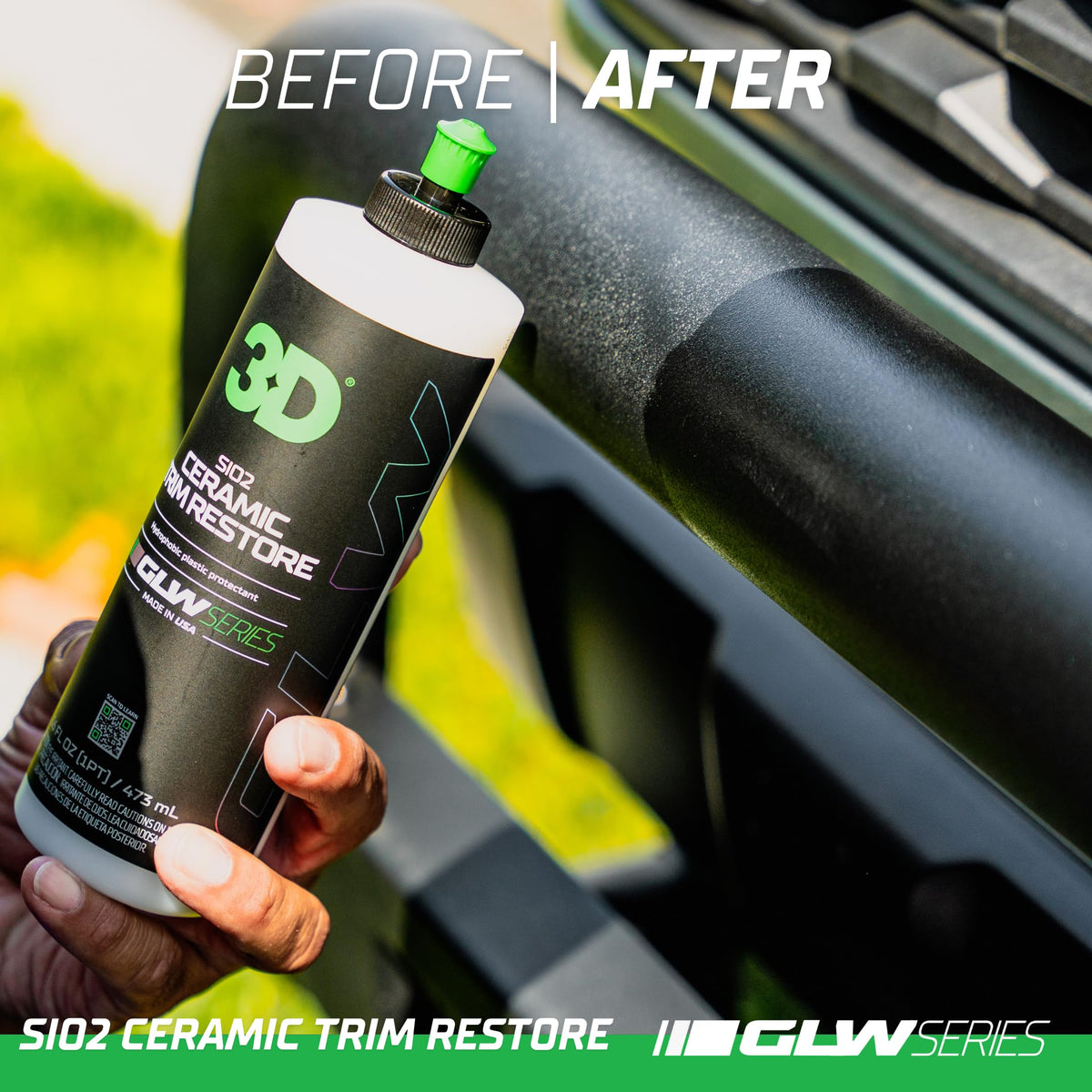 3D GLW bottle held by hand for scale showing 16 oz refill convenience benefit