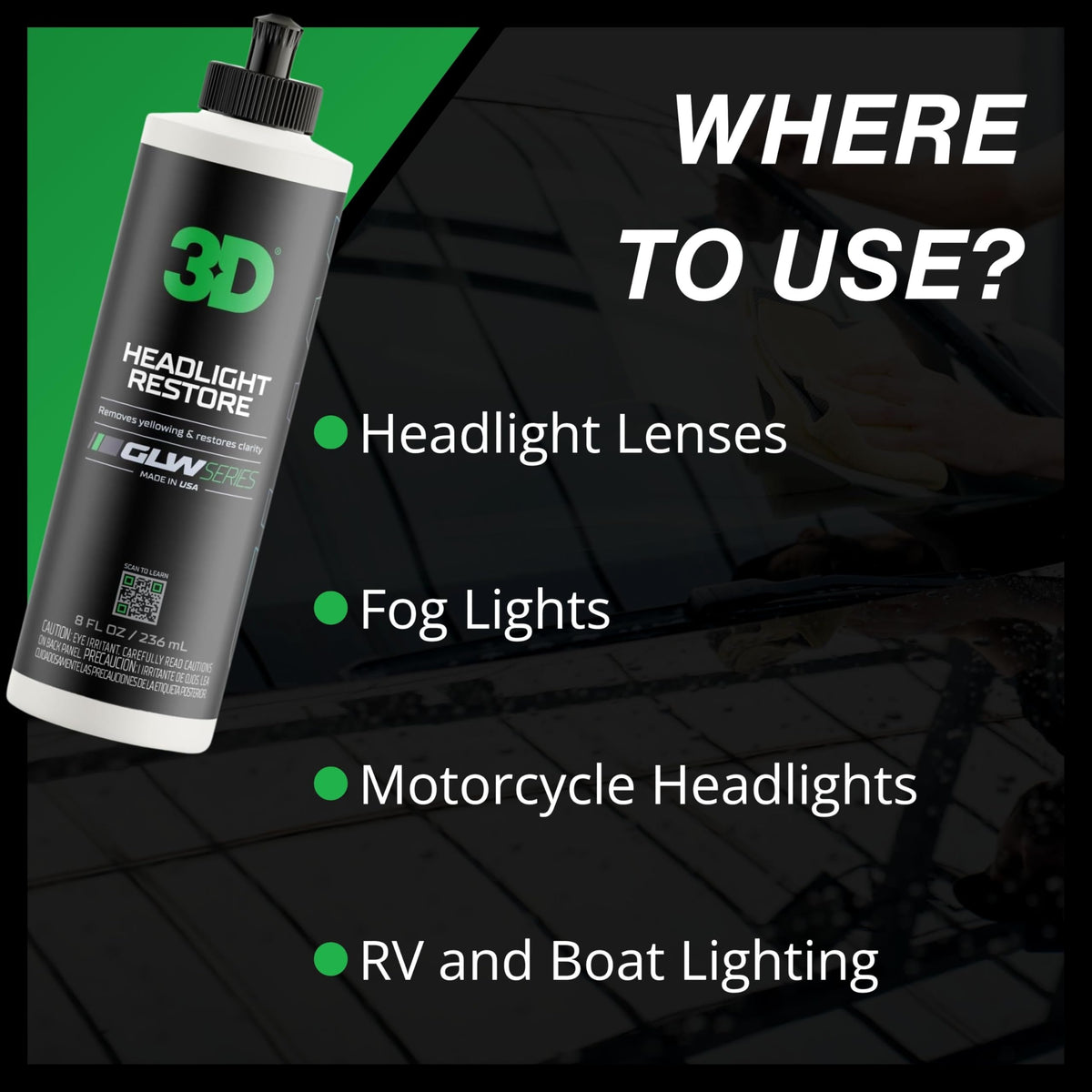 3D GLW finished headlights on car demonstrating improved visibility
