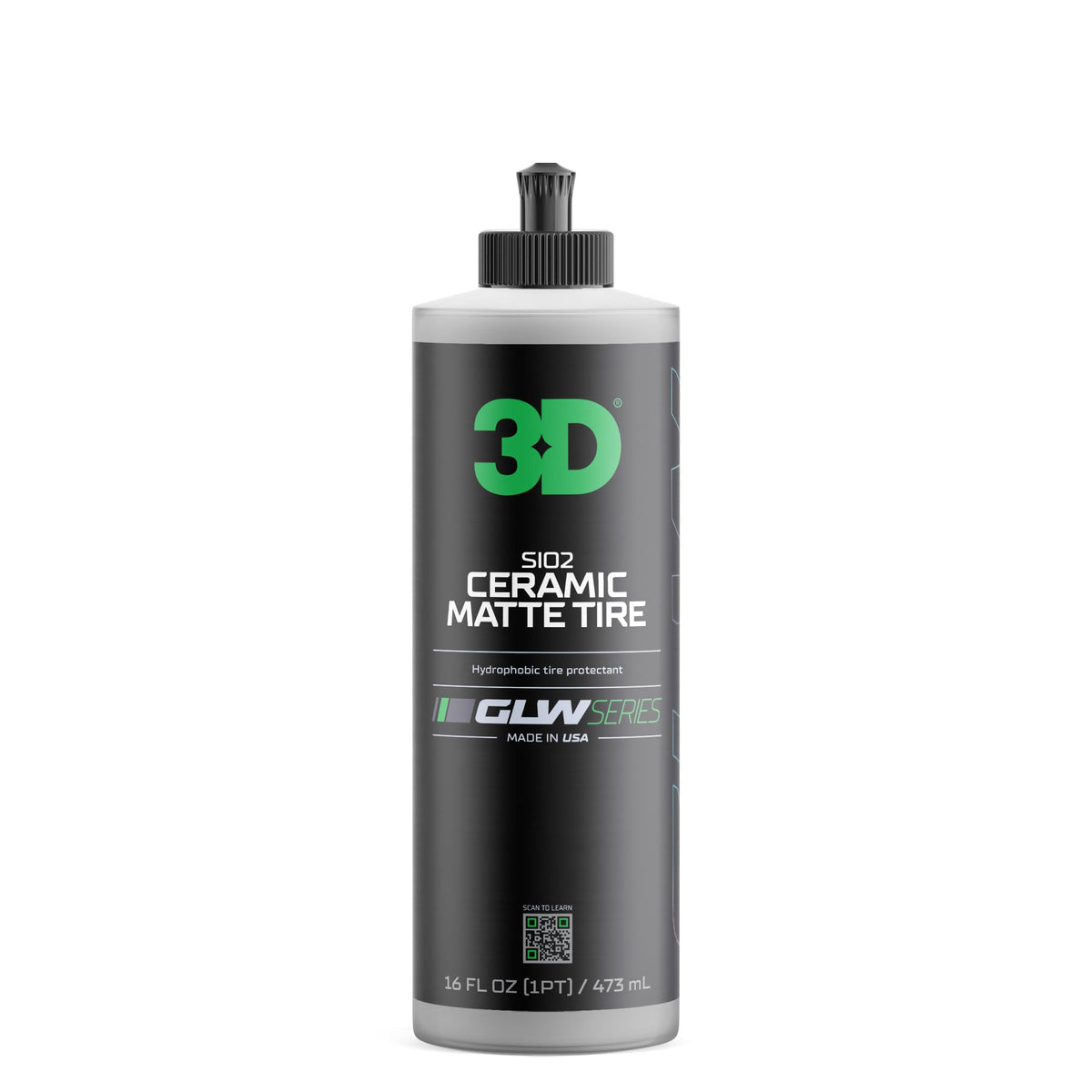 3D GLW Series bottle front label showing product identity and benefits