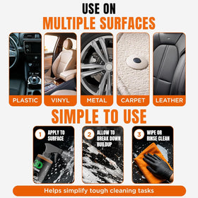 3D orange degreaser wiping a dashboard, leaving a streak-free finish