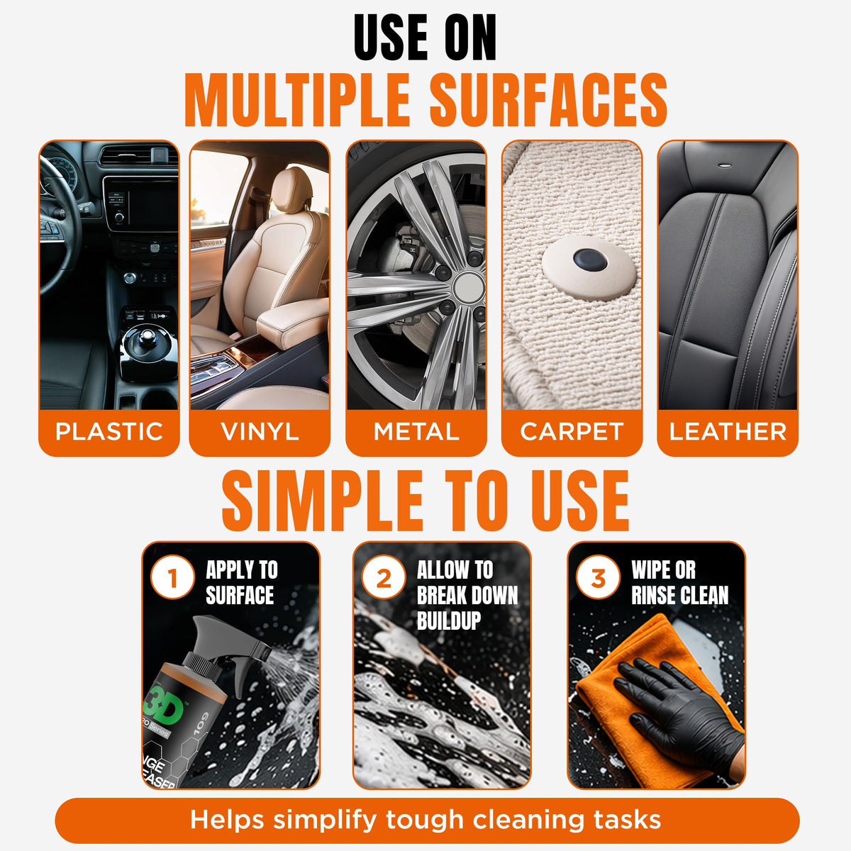3D Orange Degreaser cleaning car interior trim showing gentle material care benefit