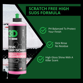 3D Pink Car Soap 16 oz bottle next to a hand for size scale