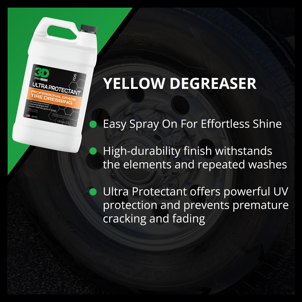 3D treated tire close-up displaying deep black shine and protection