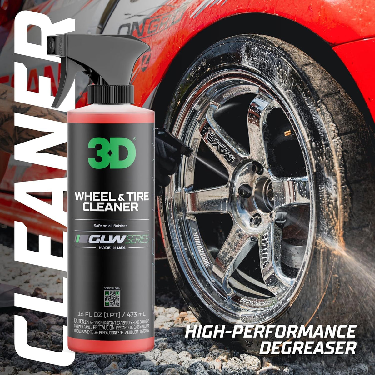 3D cleaner applied to alloy wheel showing brake dust removal benefit