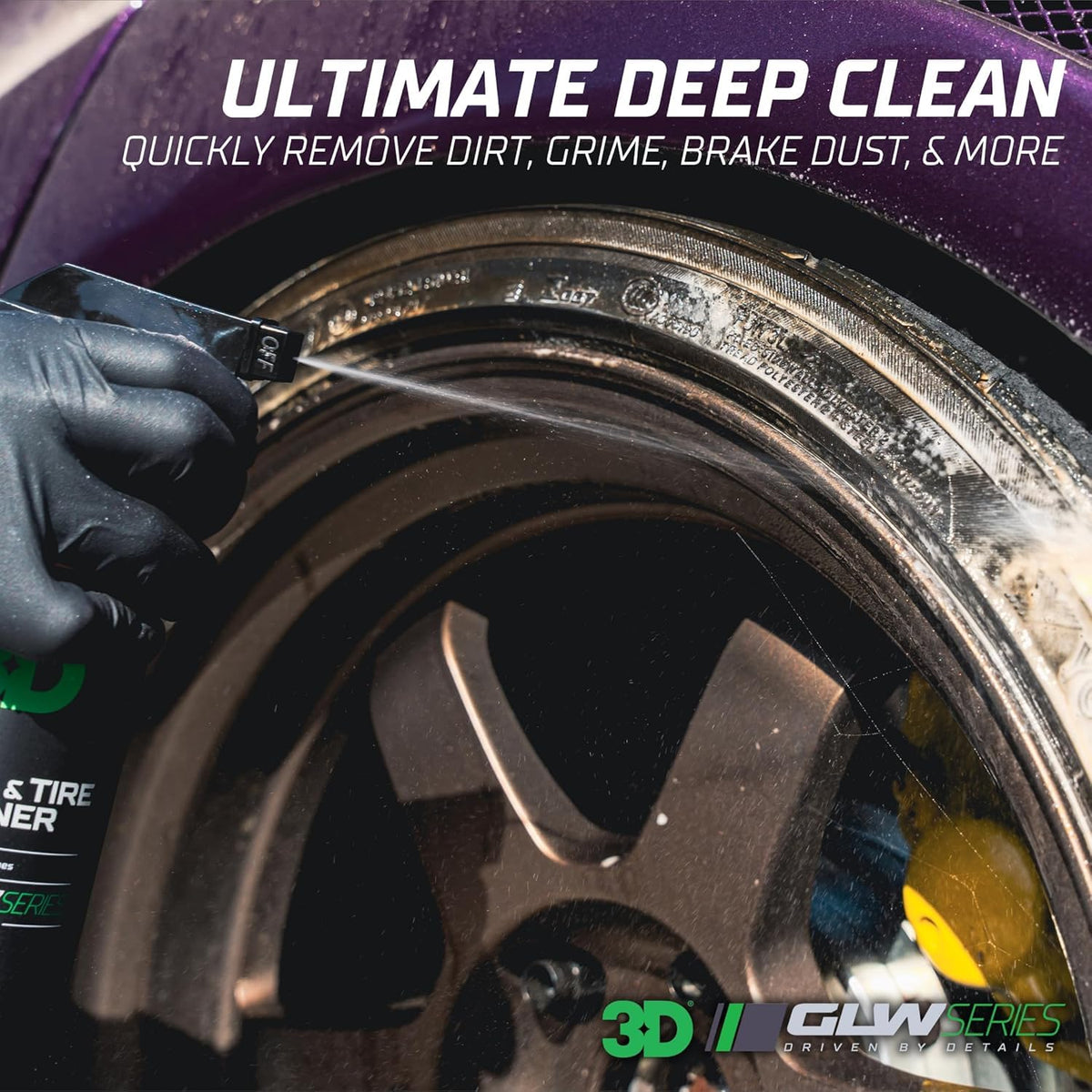 3D cleaner foaming on wheel surface highlighting deep-cleaning texture