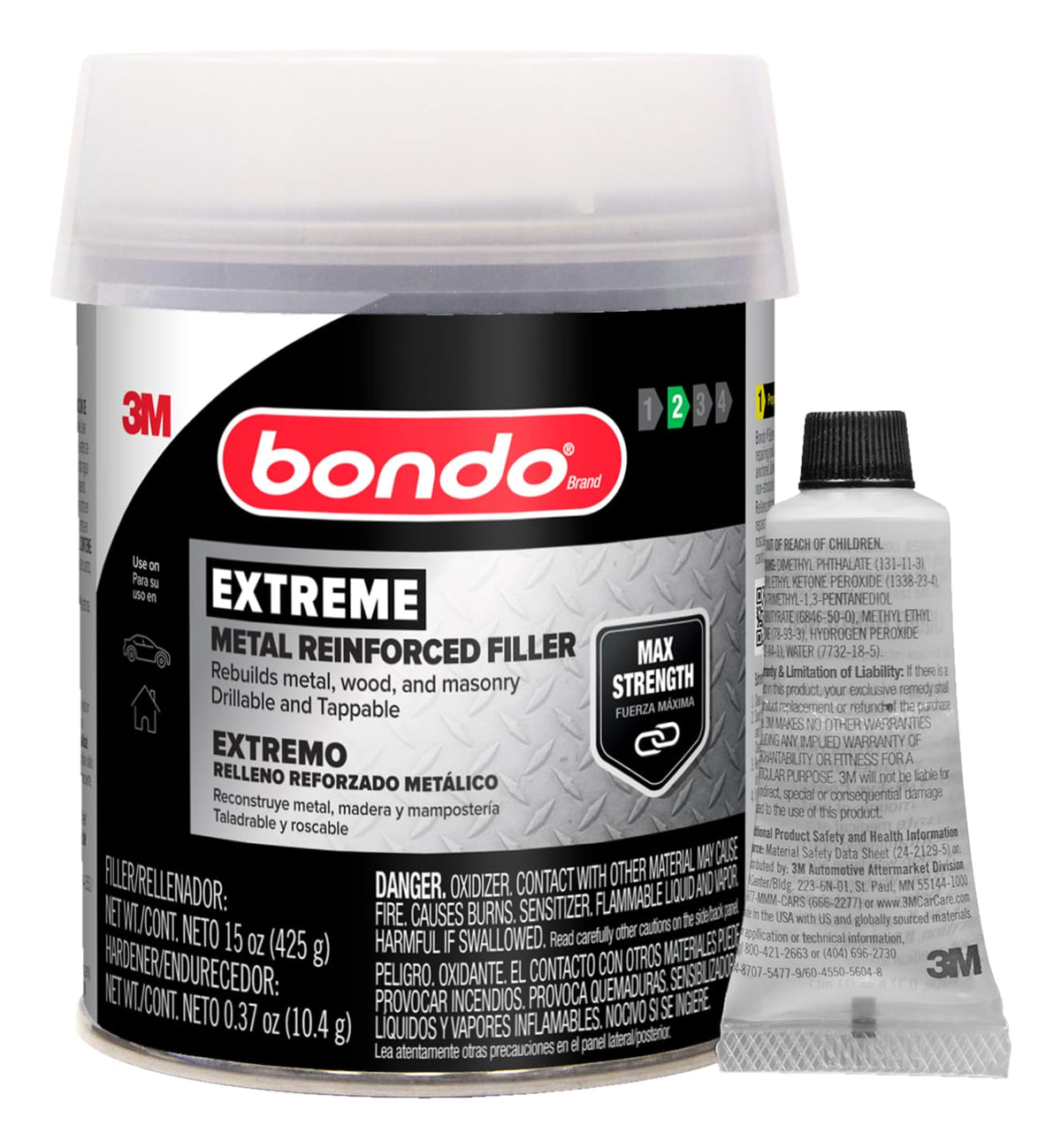 3M Bondo front can view showing label and included hardener, durable repair benefit