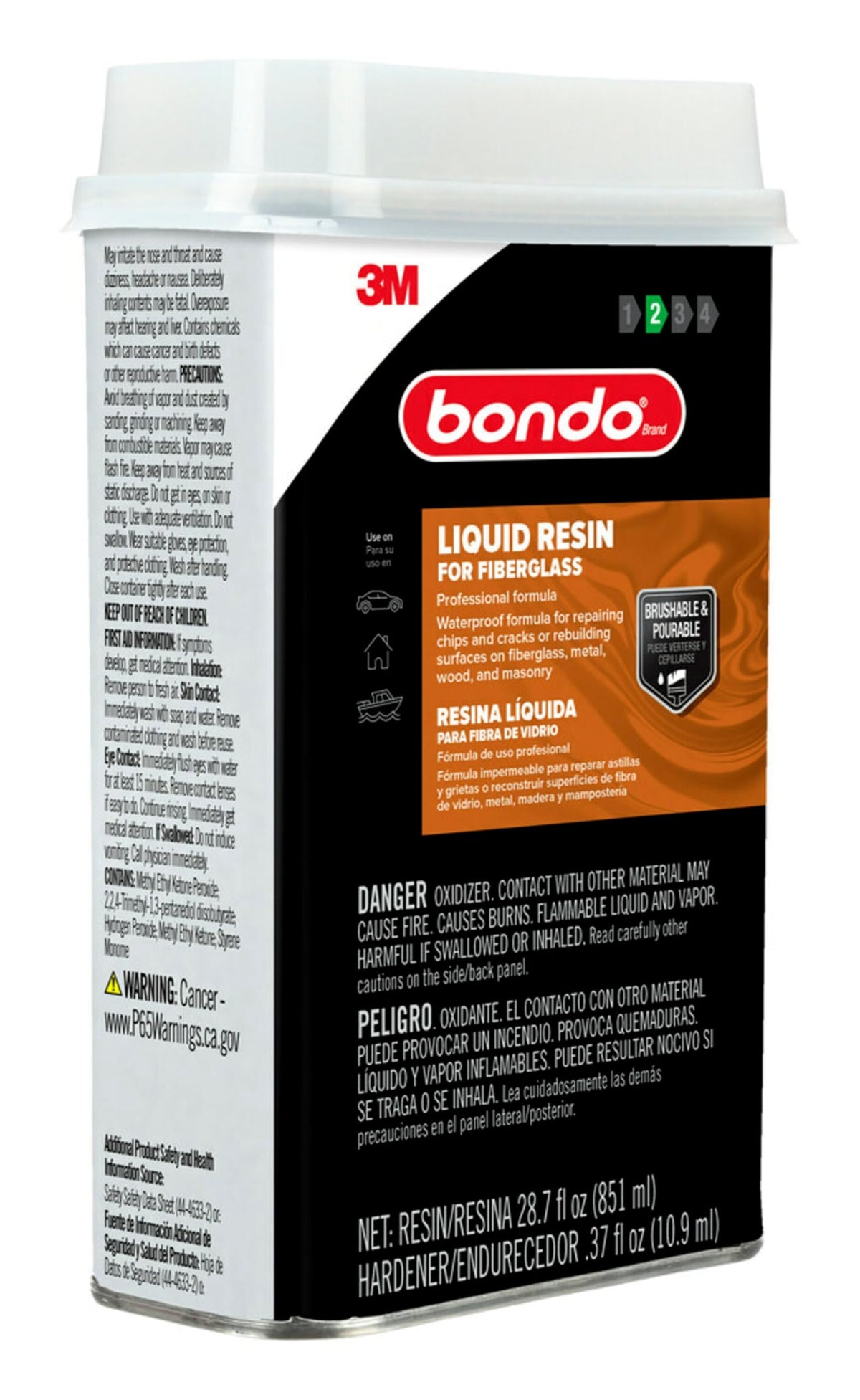 3M Bondo resin next to measuring tape showing 28.7 fl oz scale