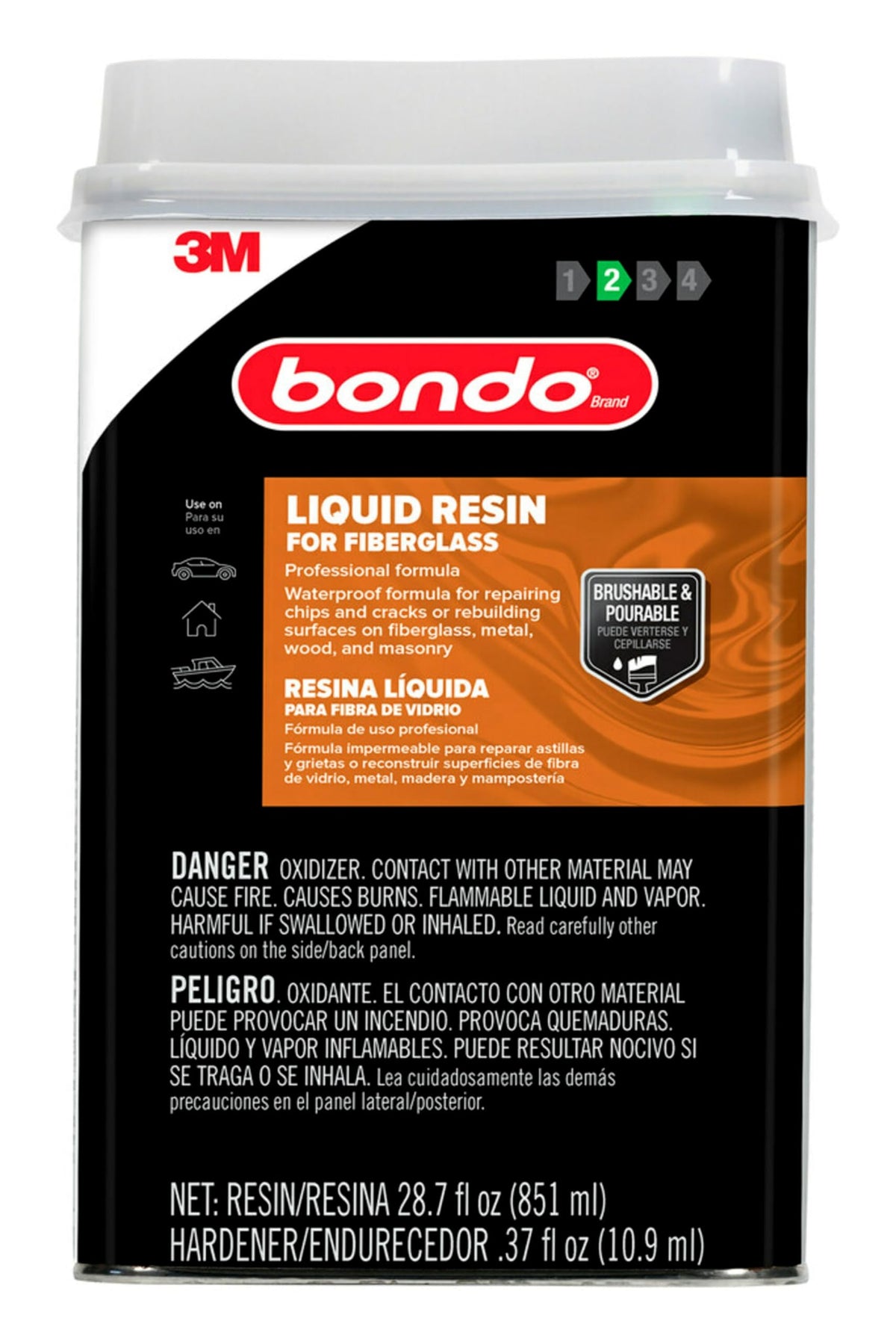3M Bondo resin applied over fiberglass cloth showing reinforced repair