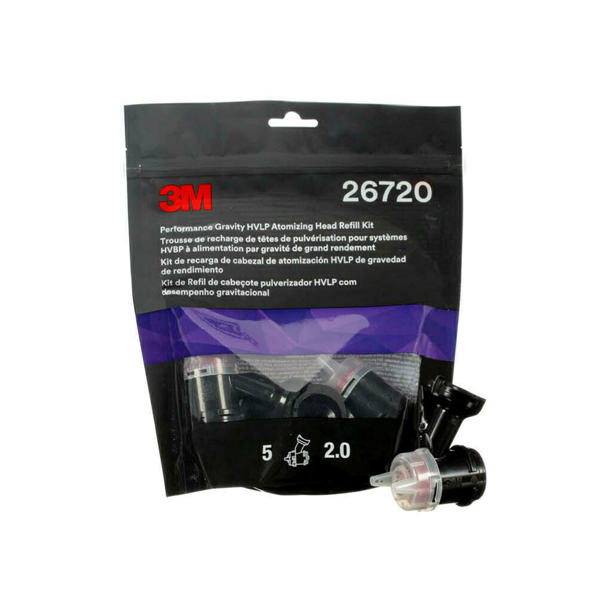 3M front packaging of atomizing heads showing kit contents and benefits