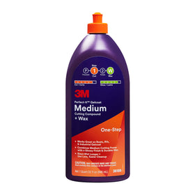 3M Perfect-It gelcoat medium cutting compound front label showing product name and size, professional reliability