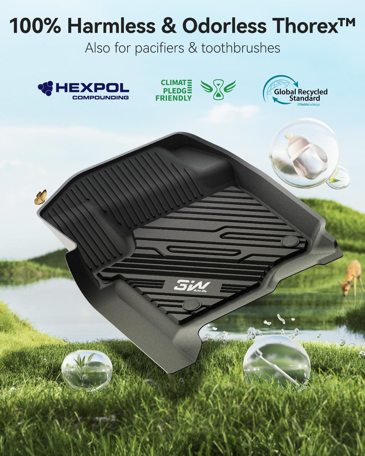 3W mat holding mud and water illustrating easy clean benefit