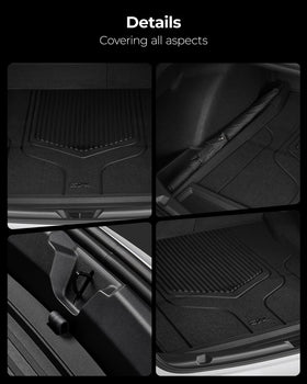 3W lifestyle shot of a parked Model 3 with mats handling cargo