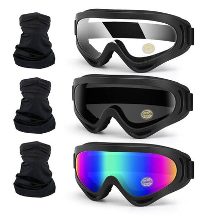 4-FQ goggles front packaging showing three-pair set and included gaiter for convenience