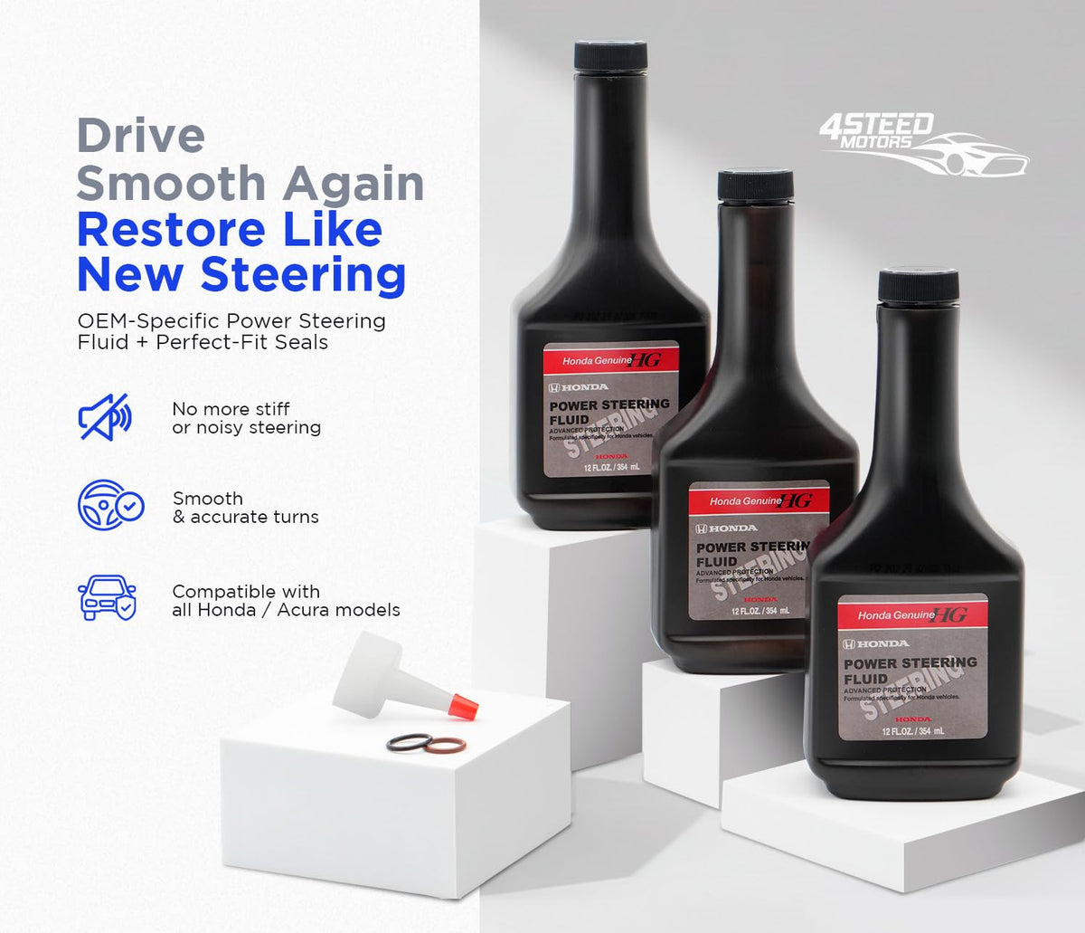 4STEED MOTORS fluid bottle close-up with clear label for correct fluid selection