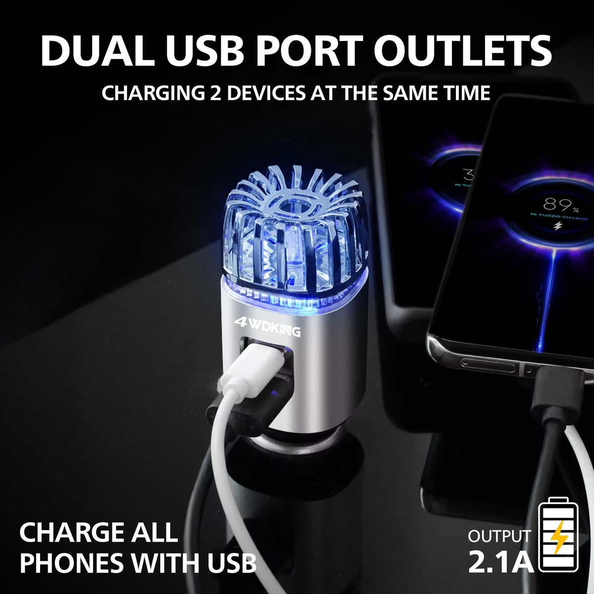 4WDKING plugged into car console showing in-use purification and charging convenience