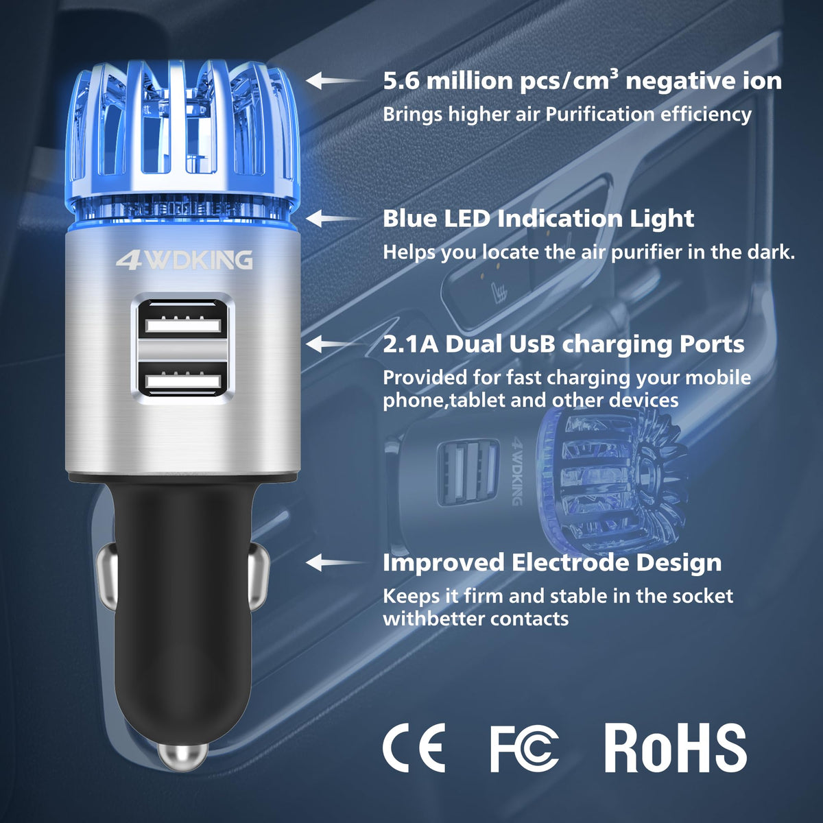 4WDKING close-up of dual USB ports providing fast device charging on the go