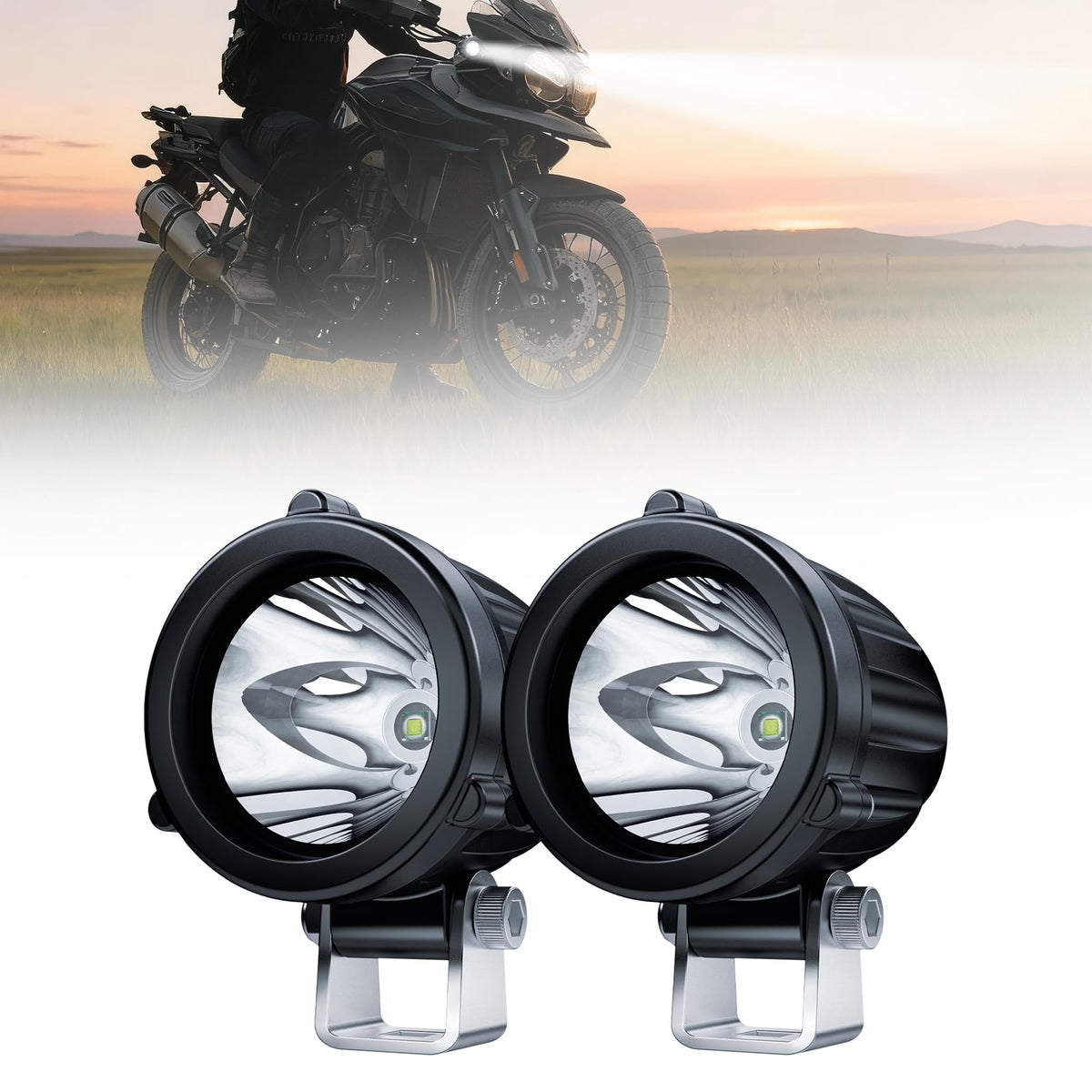 4WDKING front view mounted on motorcycle showing focused beam and improved visibility