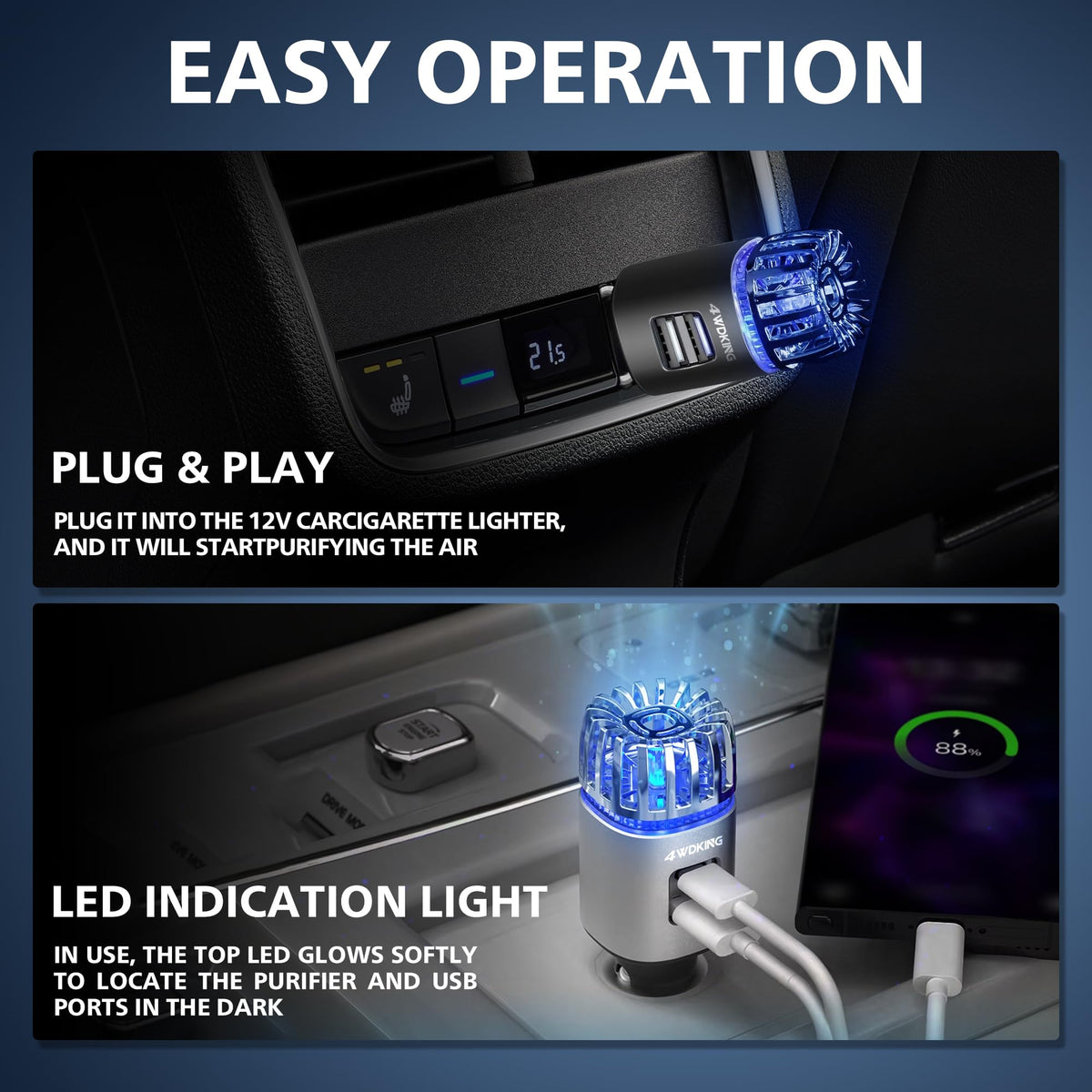 4WDKING unit plugged into a 12V car socket demonstrating easy plug-in setup