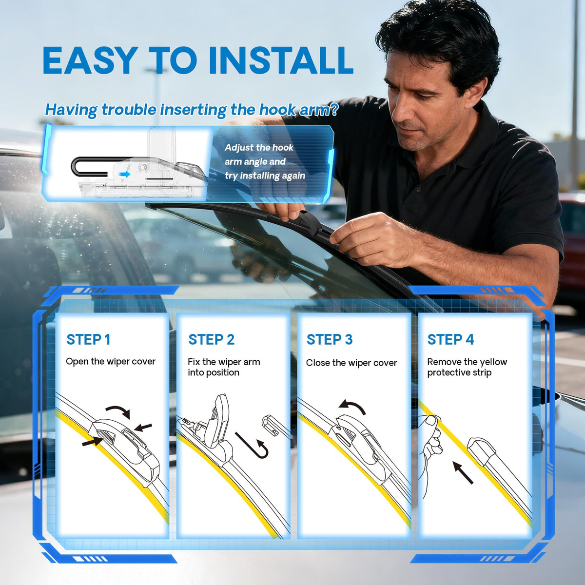 5 PLUS wipers in rain on a car windshield illustrating improved water runoff for safer driving