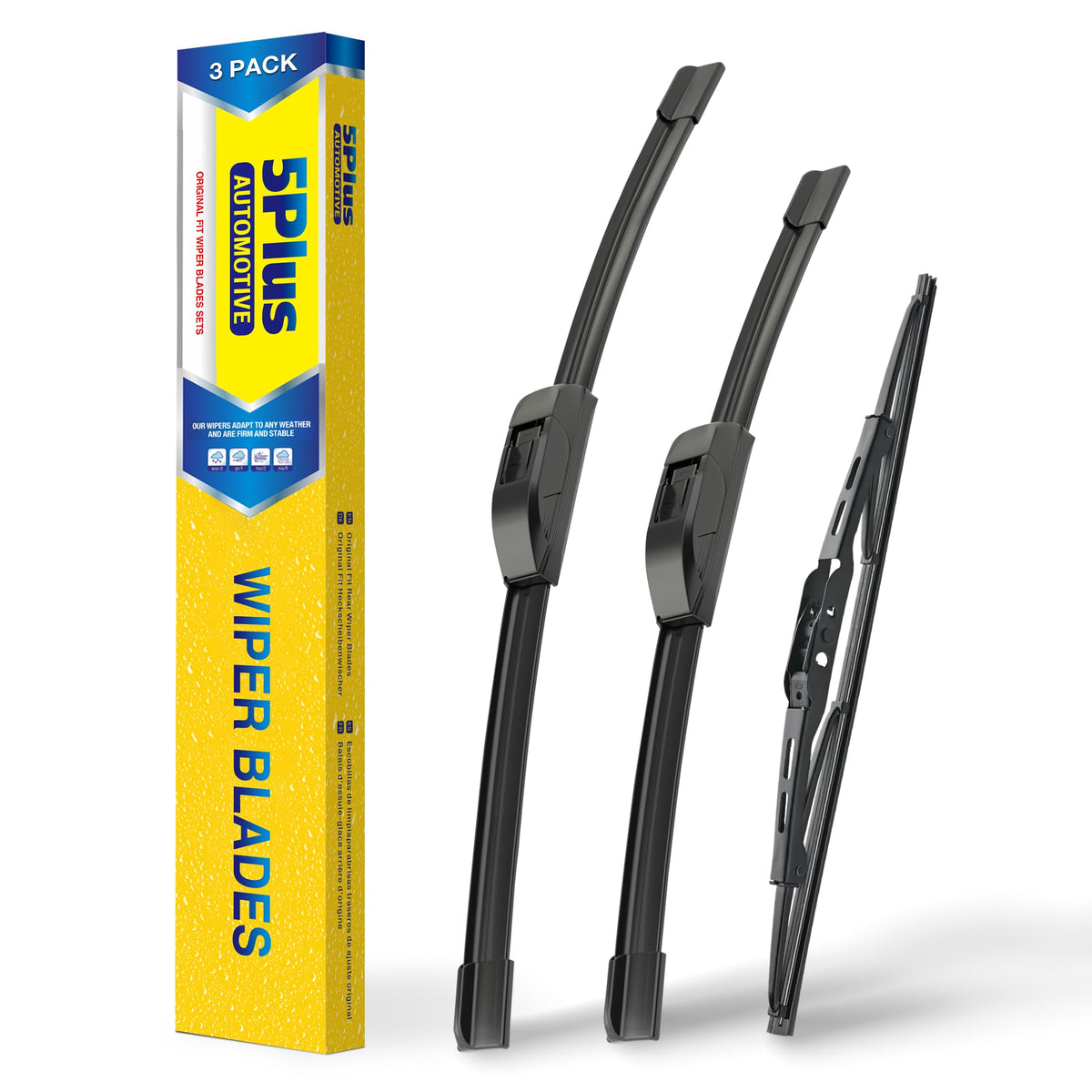 5 PLUS front packaging showing 26" 16" and 13" blades and clear fitment